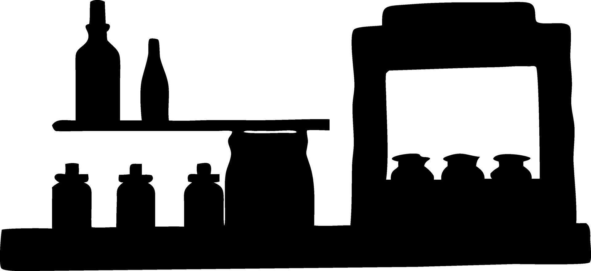 Black Silhouette of Kitchen Shelf with Bottles for Artistic Designs and Home Decor vector