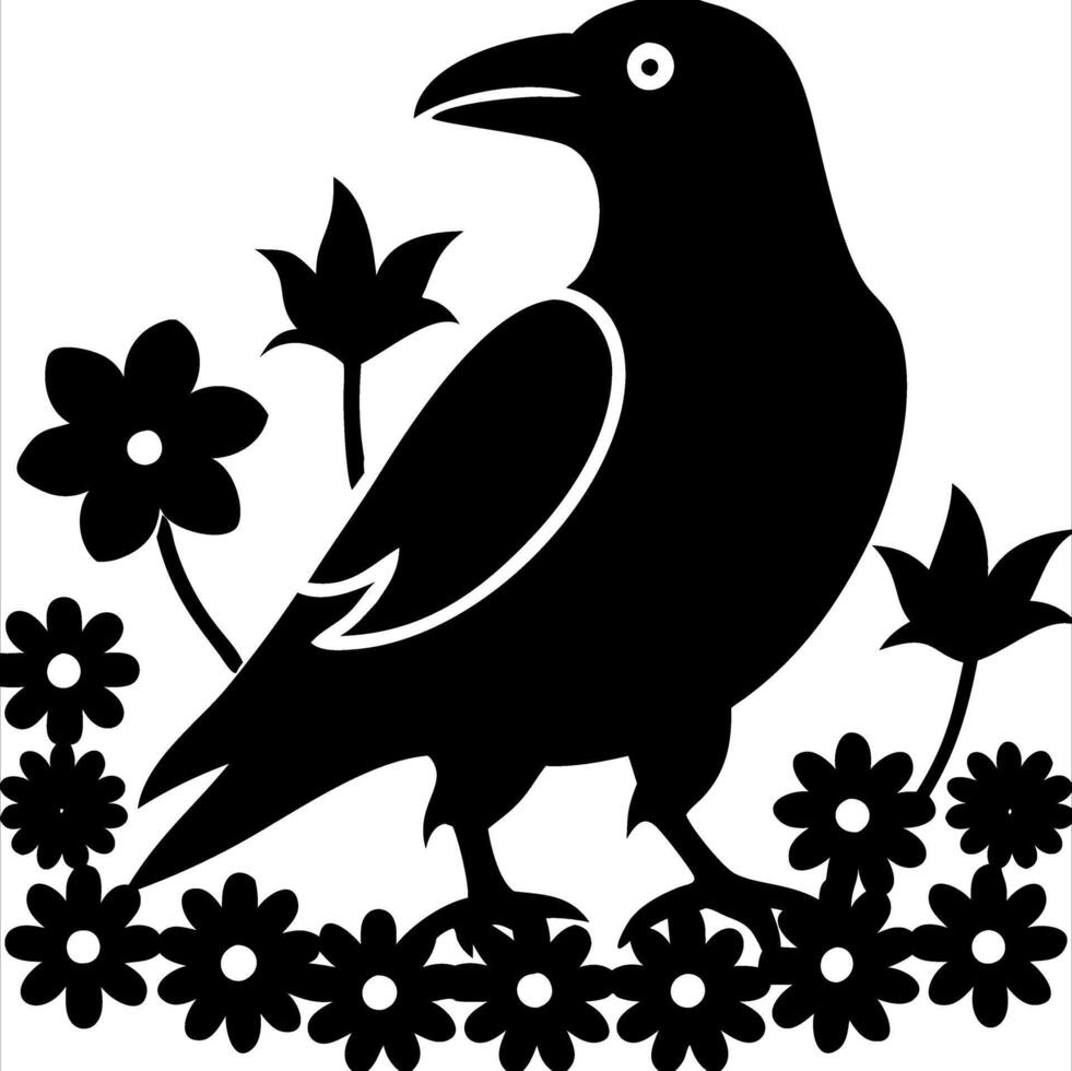 Black Silhouette Raven Among Flowers for Tattoo and Design vector