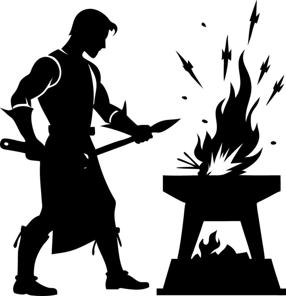 Blacksmith Silhouette Forging Metal at Fiery Anvil Illustration vector