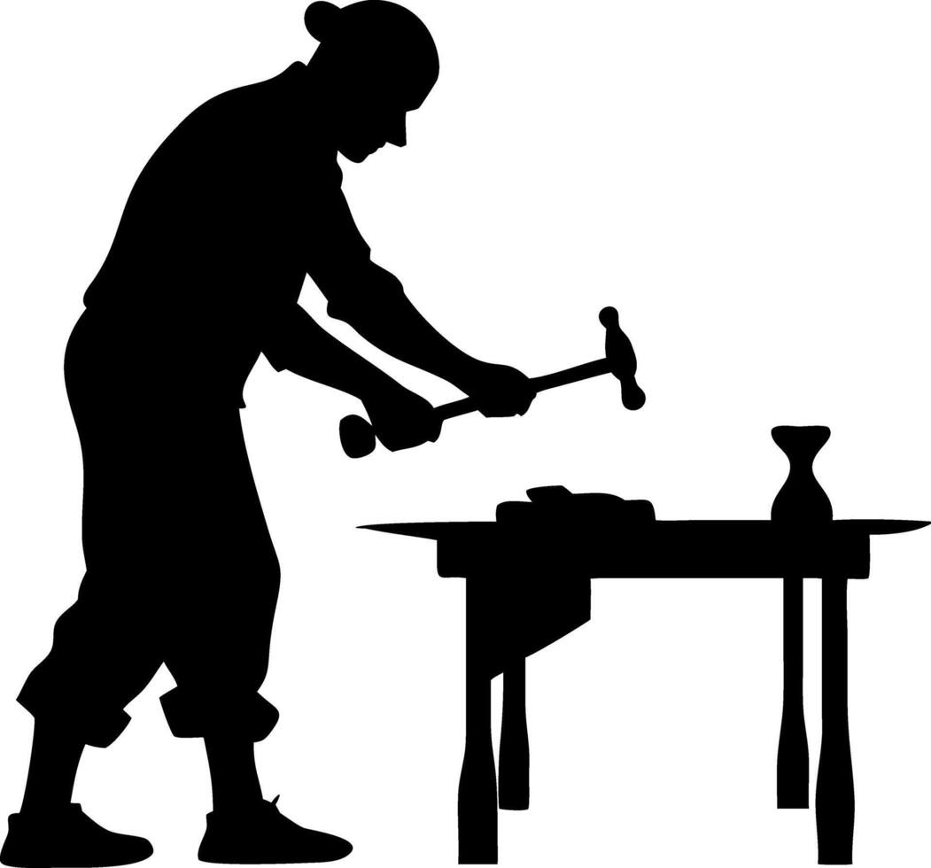 Blacksmith Silhouette Hammering Metal on Anvil with Detailed Craftsmanship vector