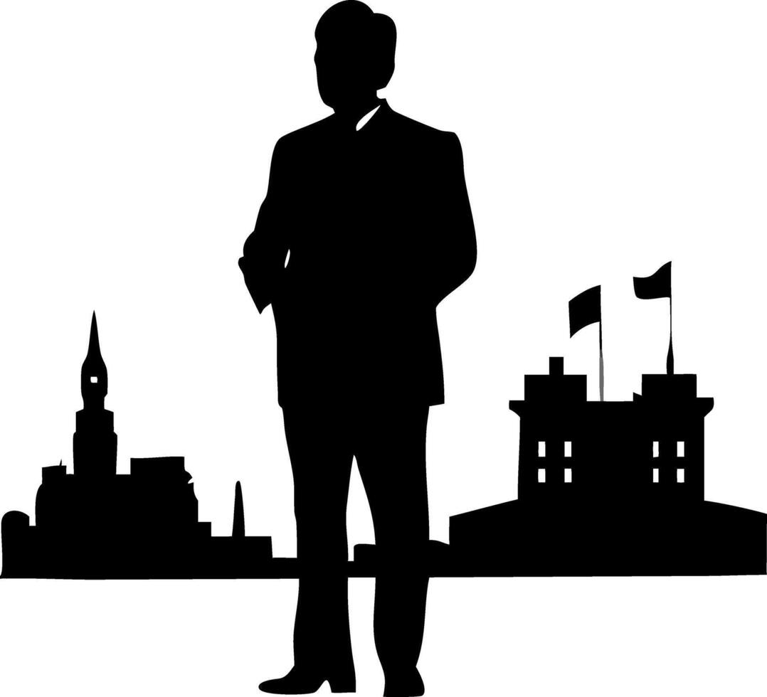 Businessman Silhouette with Cityscape and Flag Building vector