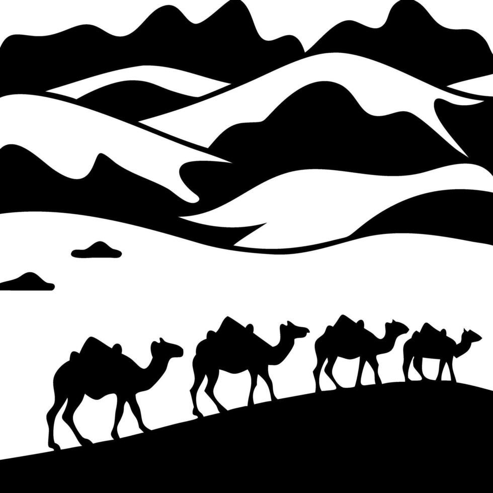 Camel Caravan Silhouette Crossing Desert Sand Dunes Art vector