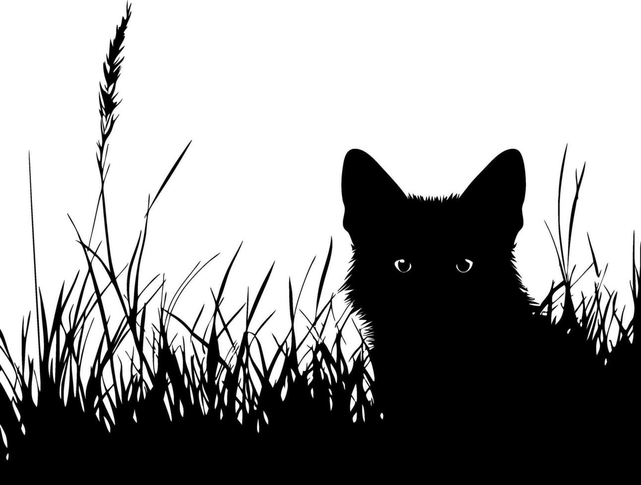 Cat Silhouette Hidden in Grass Evokes Mystery and Stealthful Intrigue for Art Designs vector