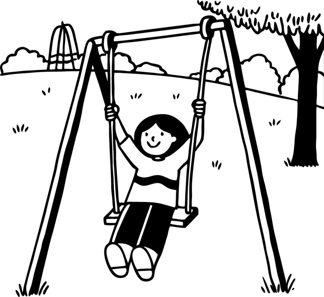 Child Enjoying Swing in Park Black and White for Coloring Book Design vector