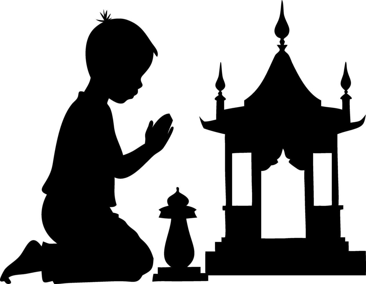 Child in Prayer Silhouette at Shrine for Meditation and Culture Illustrations vector
