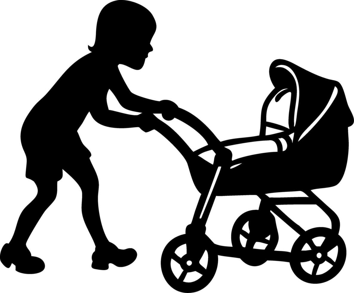 Child Silhouette Pushing Baby Stroller Illustration for Family Design Projects vector
