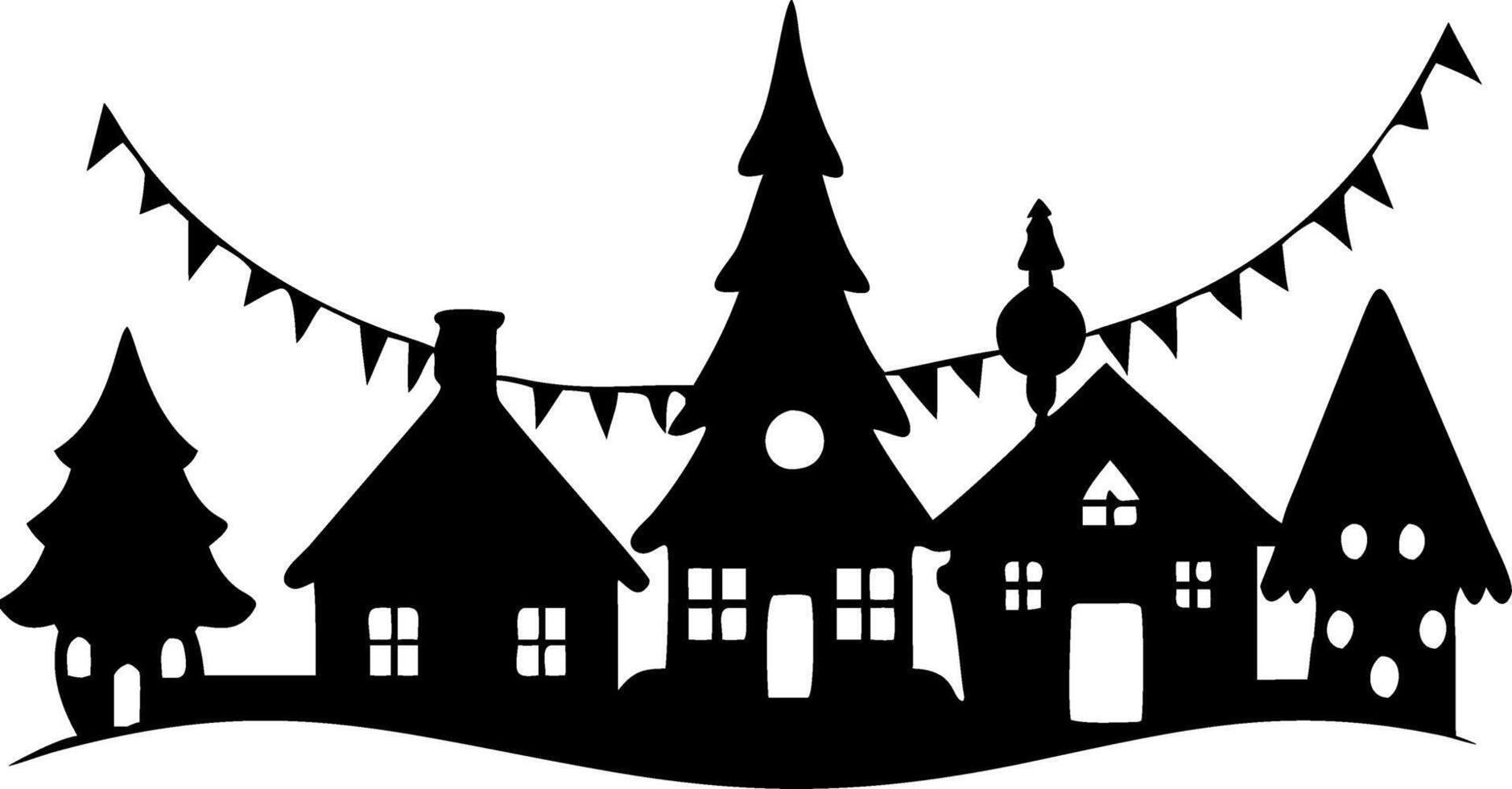 Christmas Village Silhouette with Festive Trees and Bunting vector