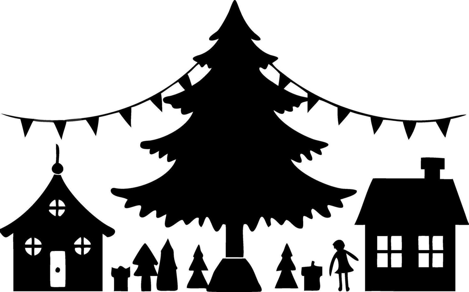 Christmas Village Silhouette with Festive Tree and Houses Art vector