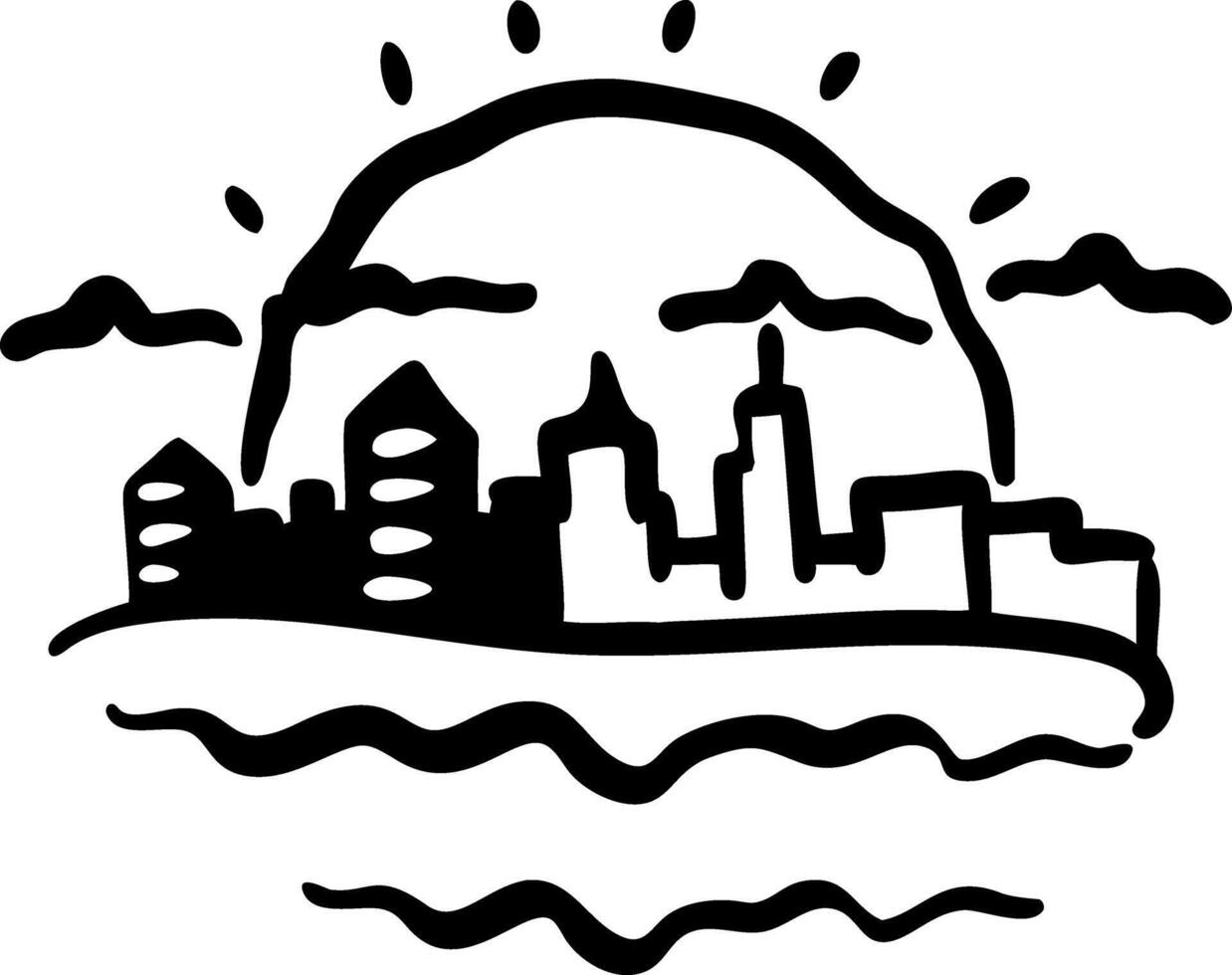 City Skyline with Sunrise Over Water Illustration for Art and Design Projects vector