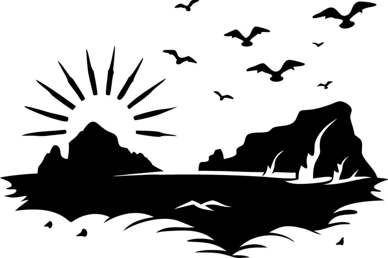 Coastal Sunrise with Birds and Waves Illustration for Tattoos and Wall Art vector