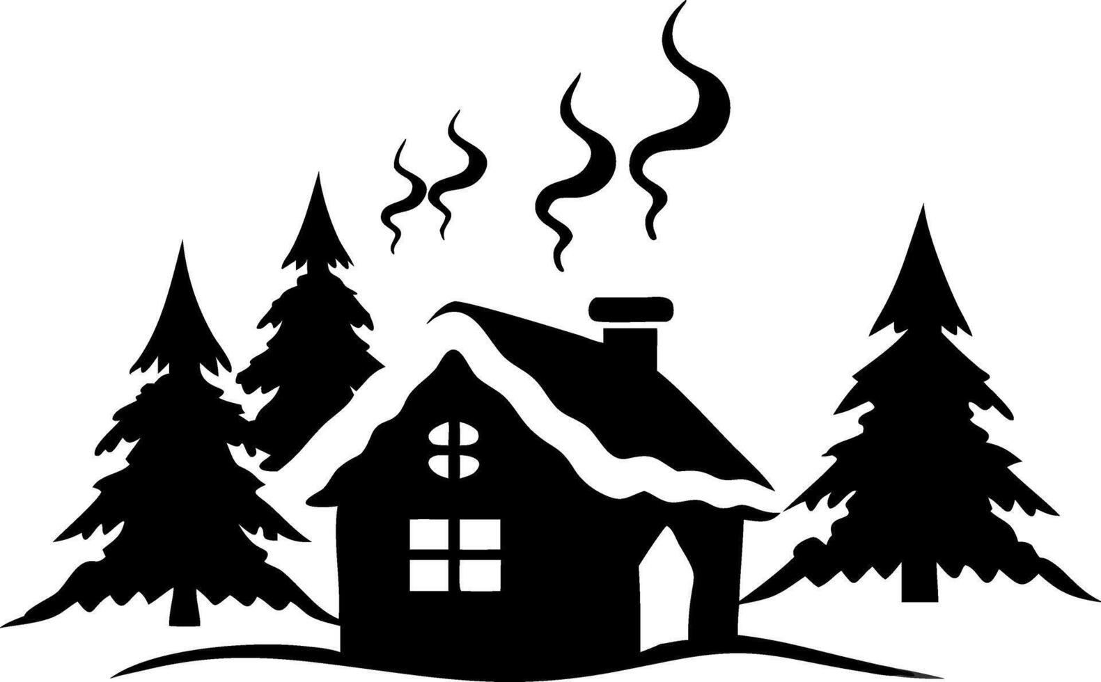 Cozy Winter Cabin Scene Surrounded by Pine Trees Illustration vector