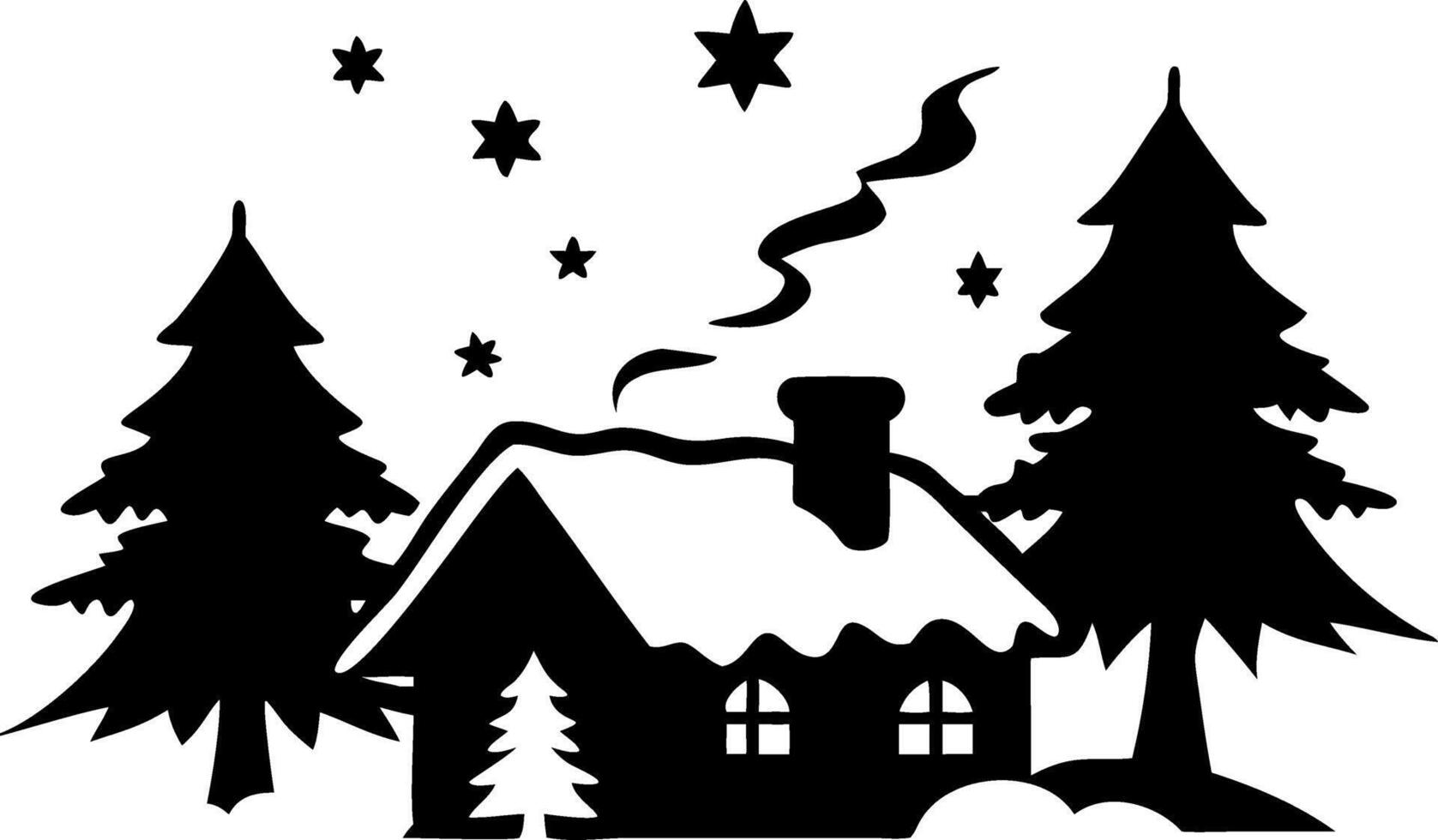 Cozy Winter Cabin Scene with Pine Trees and Stars Perfect for Holiday Designs vector