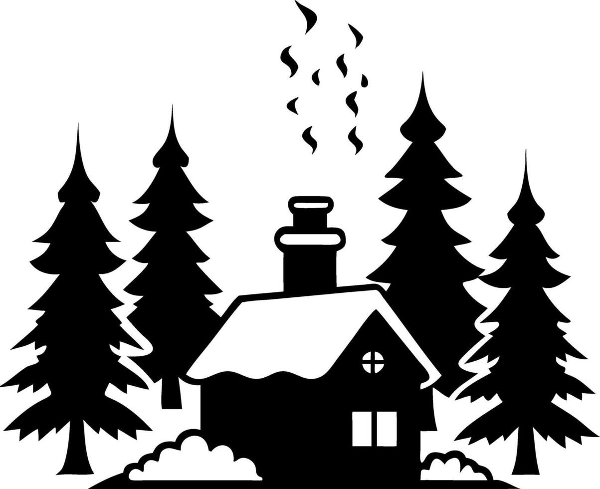 Cozy Winter Cabin in Pine Forest with Smoking Chimney Art vector