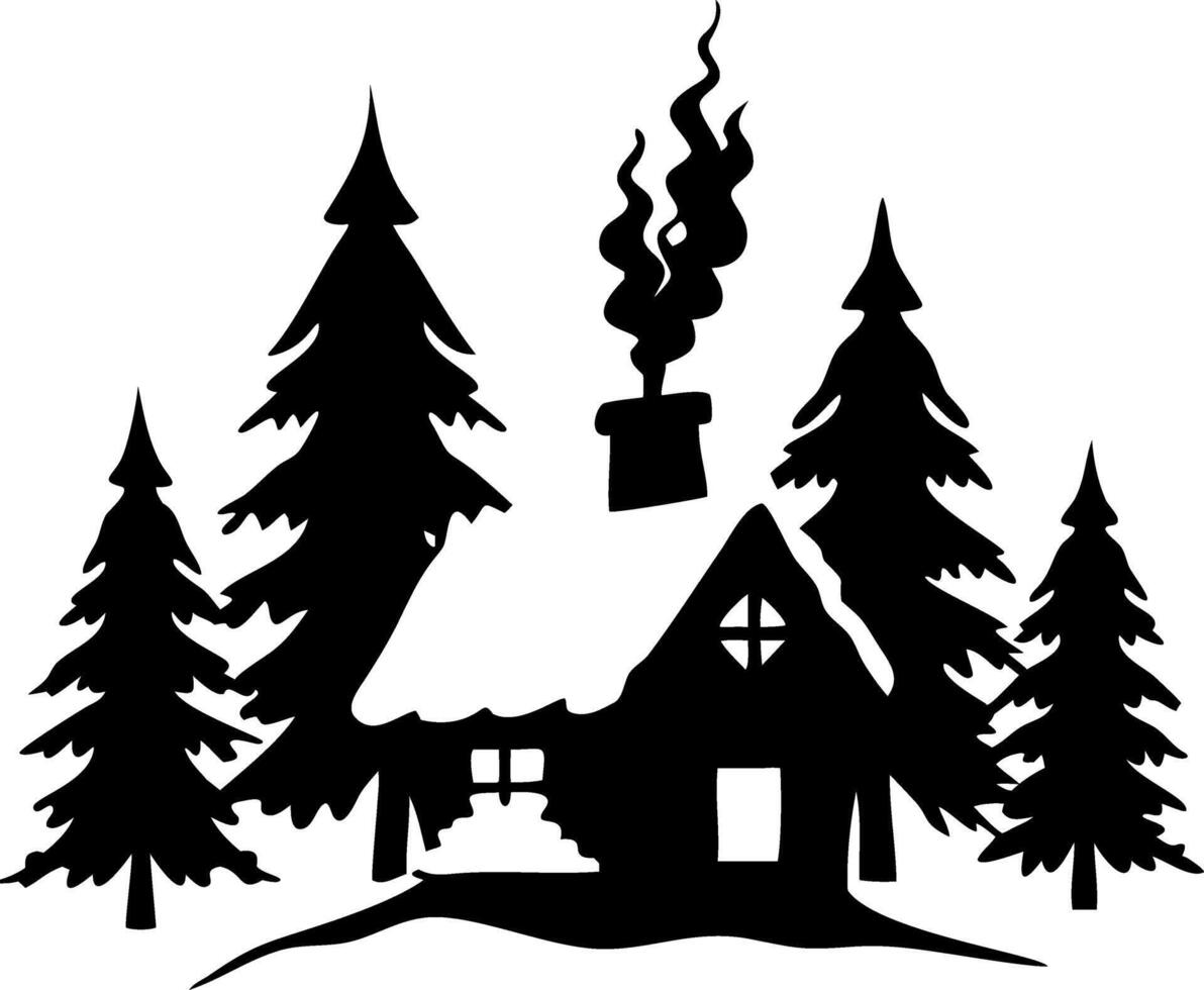Cozy Winter Cabin Silhouette Amidst Pine Trees with Smoke Illustration vector