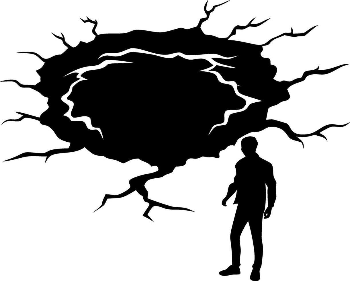 Cracked Ground Silhouette Man Exploring Abyss Illustration vector