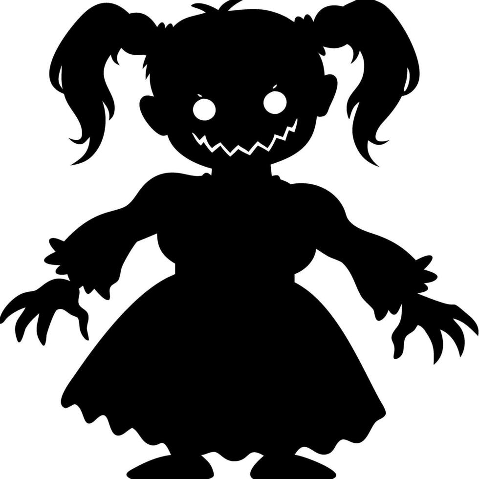 Creepy Doll Silhouette with Pigtails in Eerie Shadow Art for Halloween Designs vector