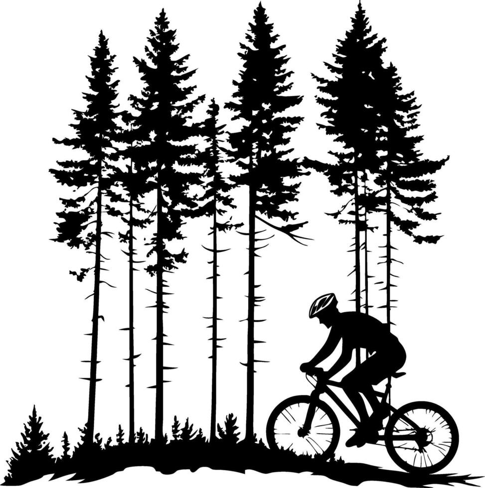 Cyclist Mountain Biking Silhouette in Forest Illustration for Outdoor Adventure Design vector