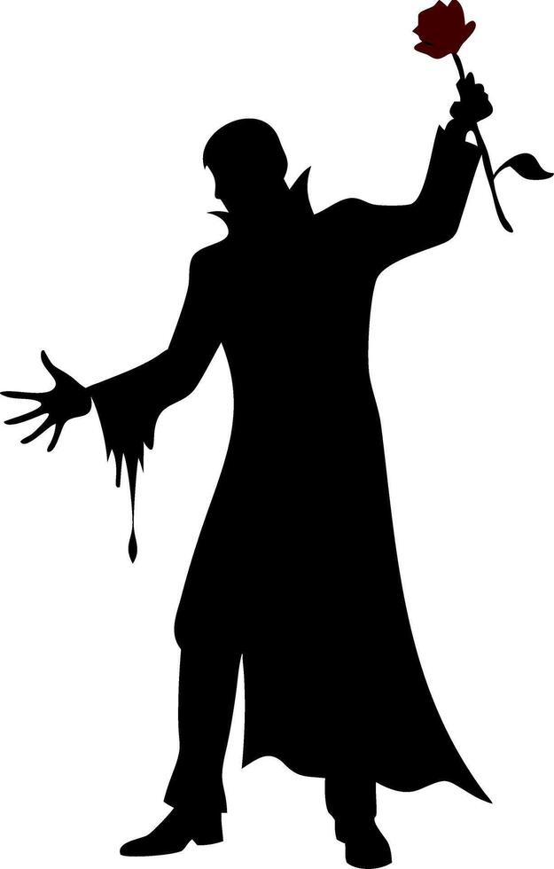 Dark Silhouette of Mysterious Figure Holding Red Rose for Halloween Design vector