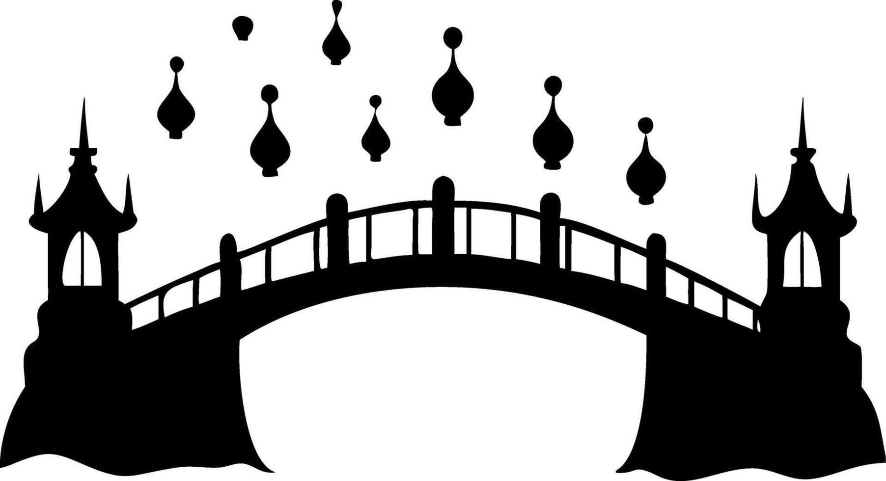 Decorative Silhouette of Bridge with Ornate Towers and Floating Shapes vector