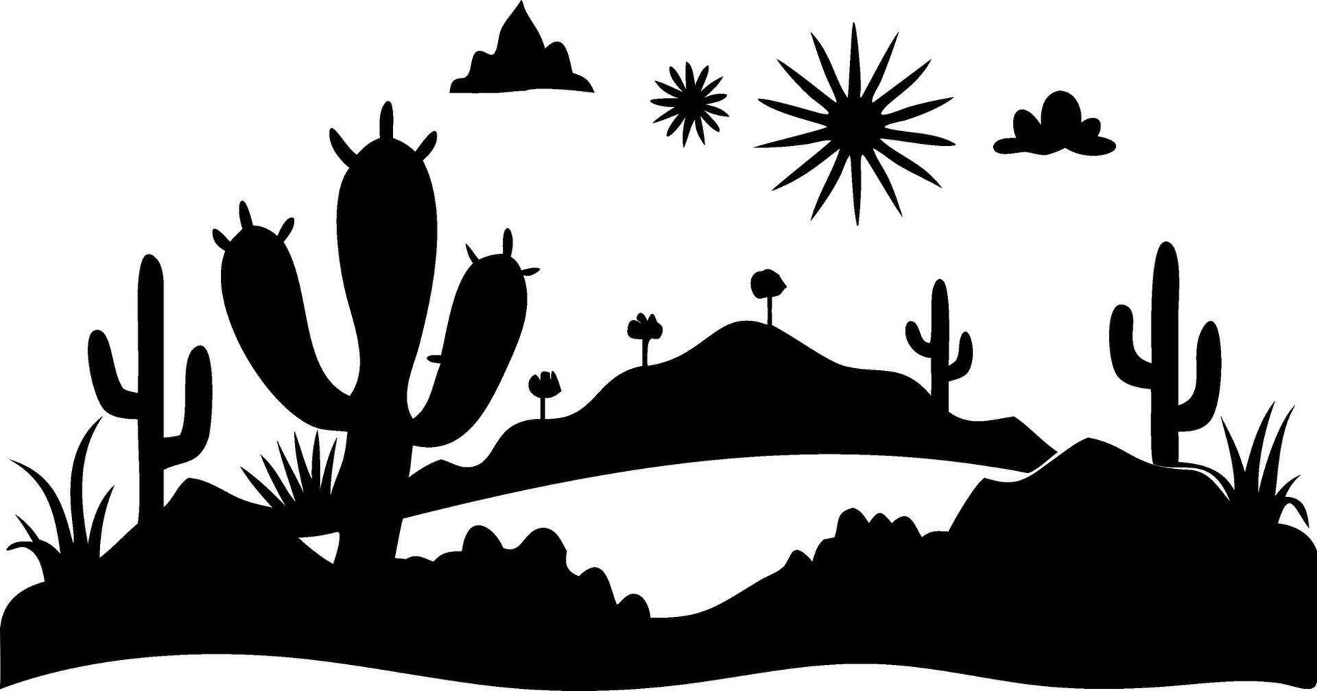 Desert Landscape Silhouette with Cacti and Mountain Scene Art for Decoration vector