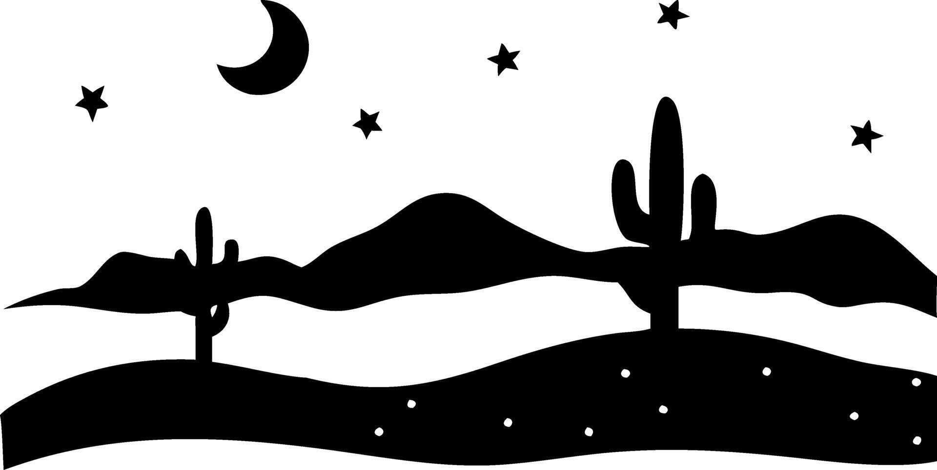 Desert Night Scene with Cactus Moon Stars Silhouette Illustration vector
