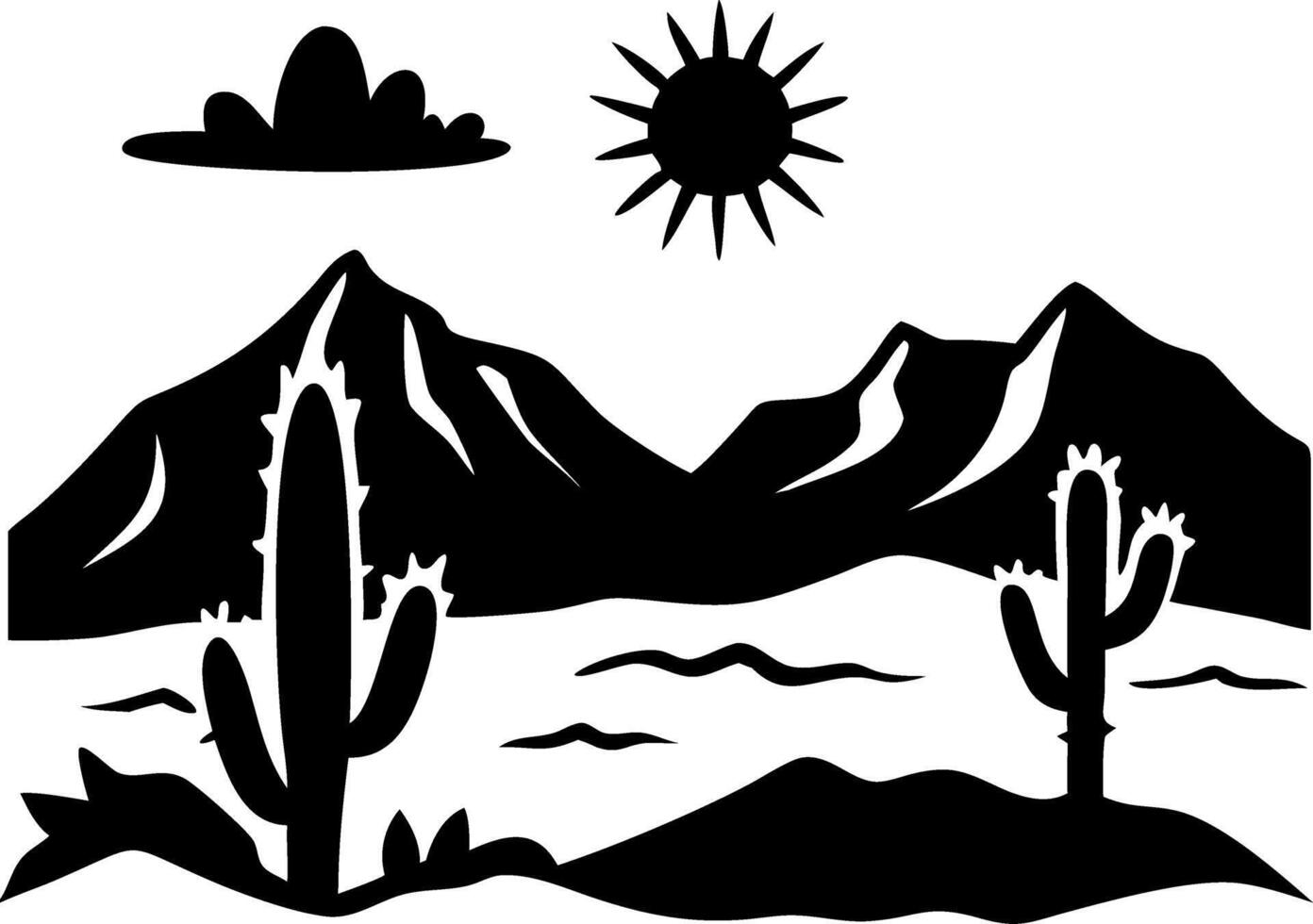 Desert Landscape Silhouette with Cacti Mountains Sun and Cloud Art Illustration vector