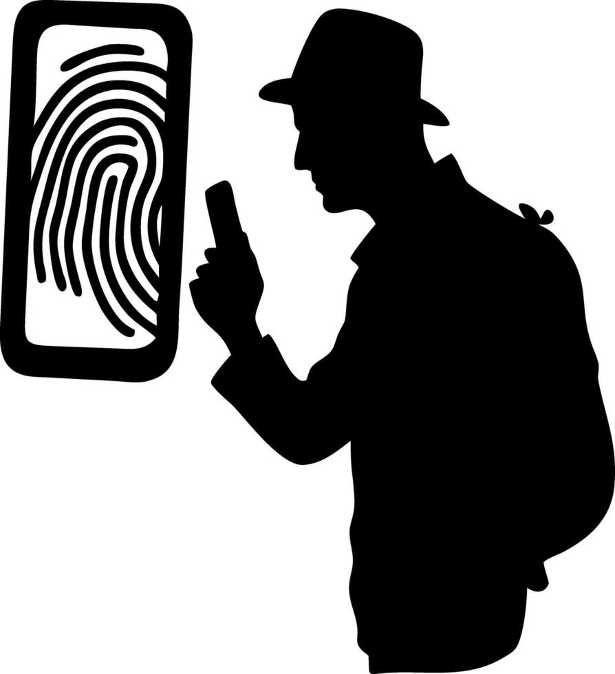 Detective Silhouette Analyzing Fingerprint with Magnifying Glass Illustration vector