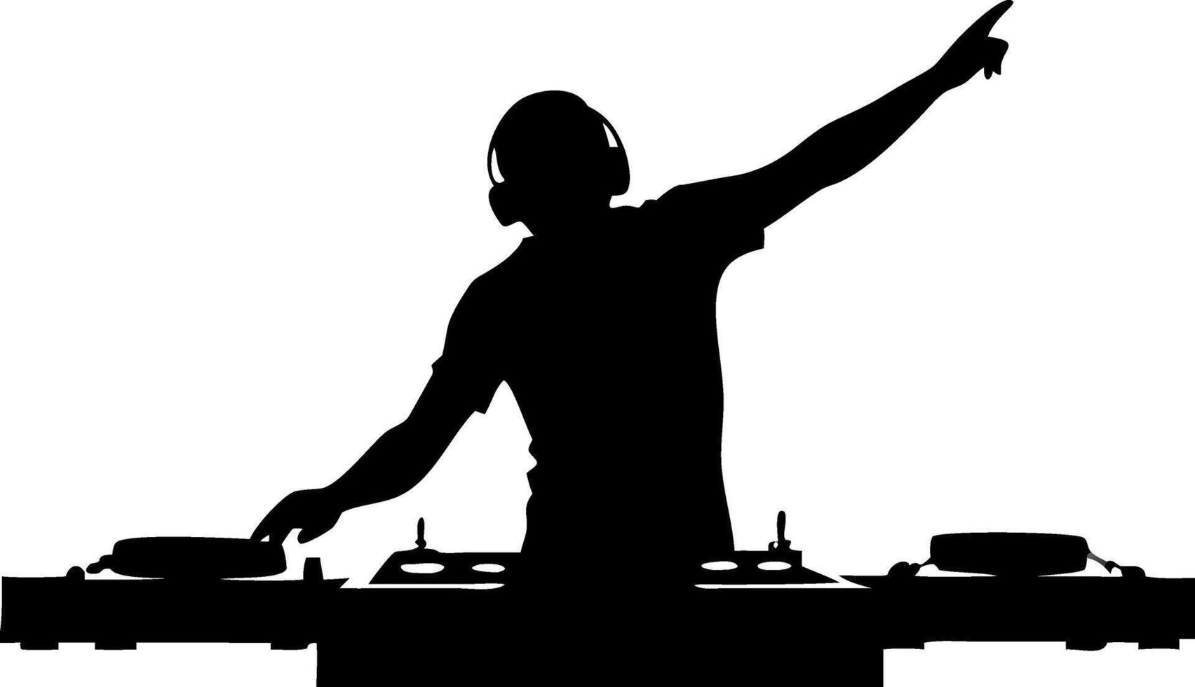 DJ Silhouette with Headphones Mixing Music on Turntables Design vector