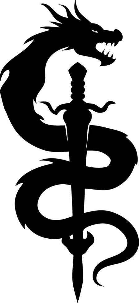 Dragon Silhouette Wrapped Around Sword Art for Tattoos and Designs vector