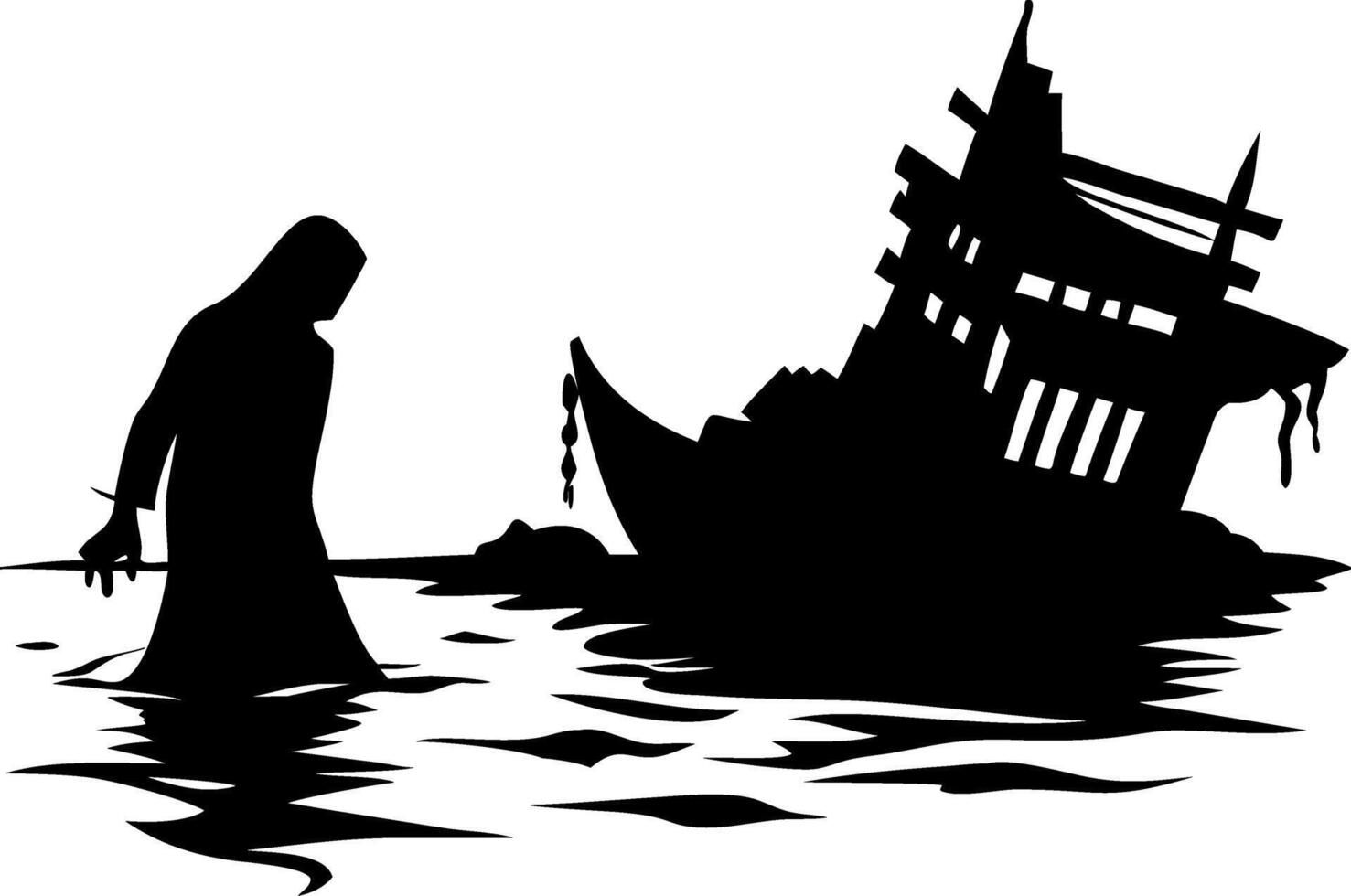 Eerie Silhouette of Mysterious Figure and Sunken Ship Illustration vector