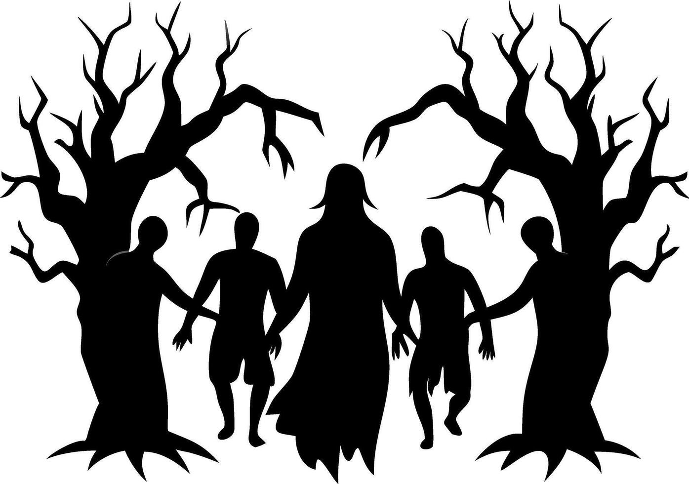Eerie Forest Silhouette with Mysterious Figures and Bare Tree Shadows vector