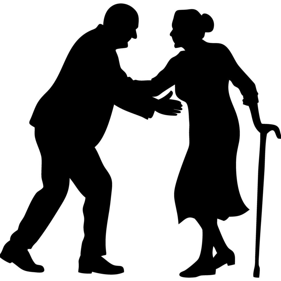 Elderly Couple Silhouette Tenderly Interacting with Walking Stick Support Illustration vector
