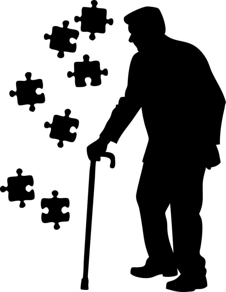 Elderly Man Silhouette with Puzzle Pieces Symbolizing Dementia Awareness vector