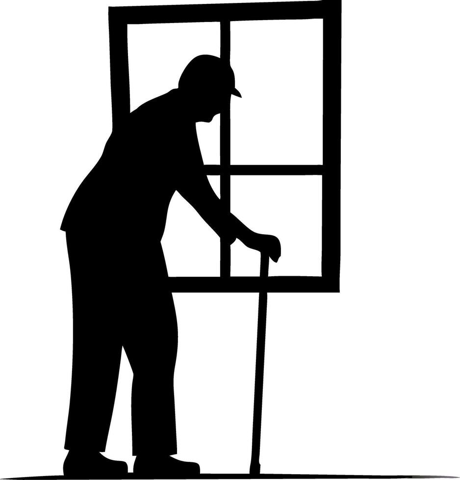 Elderly Person Silhouette with Cane by Window Reflecting Loneliness and Aging vector