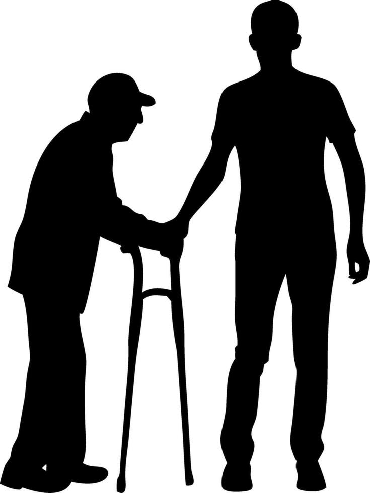 Elderly Support Silhouette of Man Helping Senior with Walker in Caregiving Concept Art vector