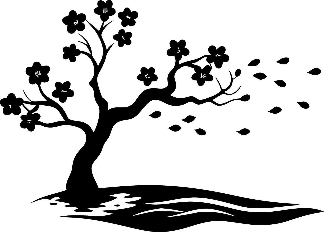 Elegant Cherry Blossom Tree Silhouette with Falling Leaves for Artistic Design vector