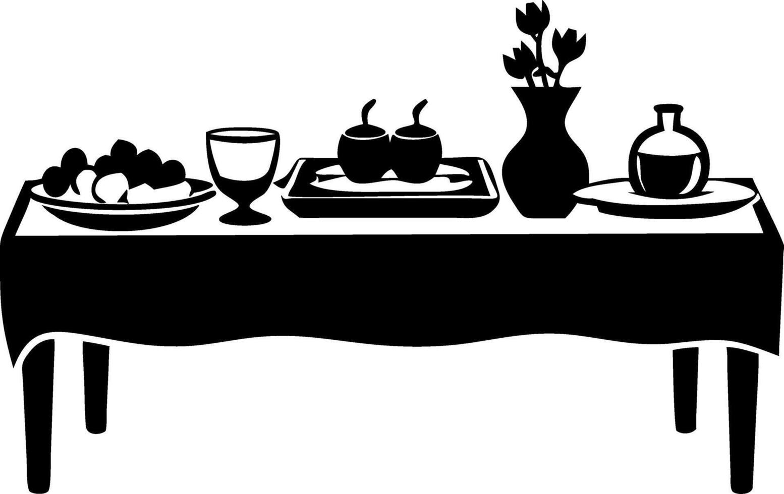 Elegant Dining Table Art with Fruit and Floral Vase Silhouette vector