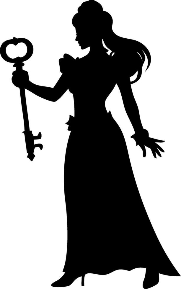 Elegant Princess Silhouette Holding Key Perfect for Fairy Tale Illustrations and Designs vector