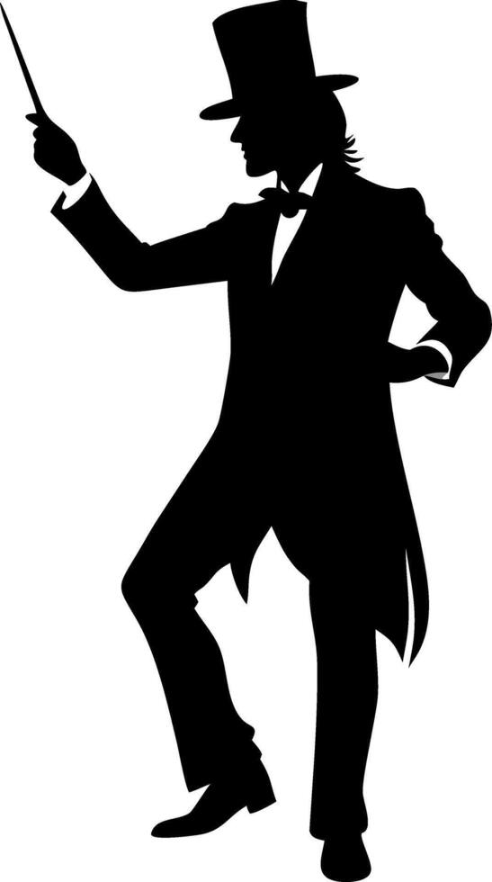 Elegant Silhouette of Magician in Top Hat with Wand for Art Design and Tattoos vector