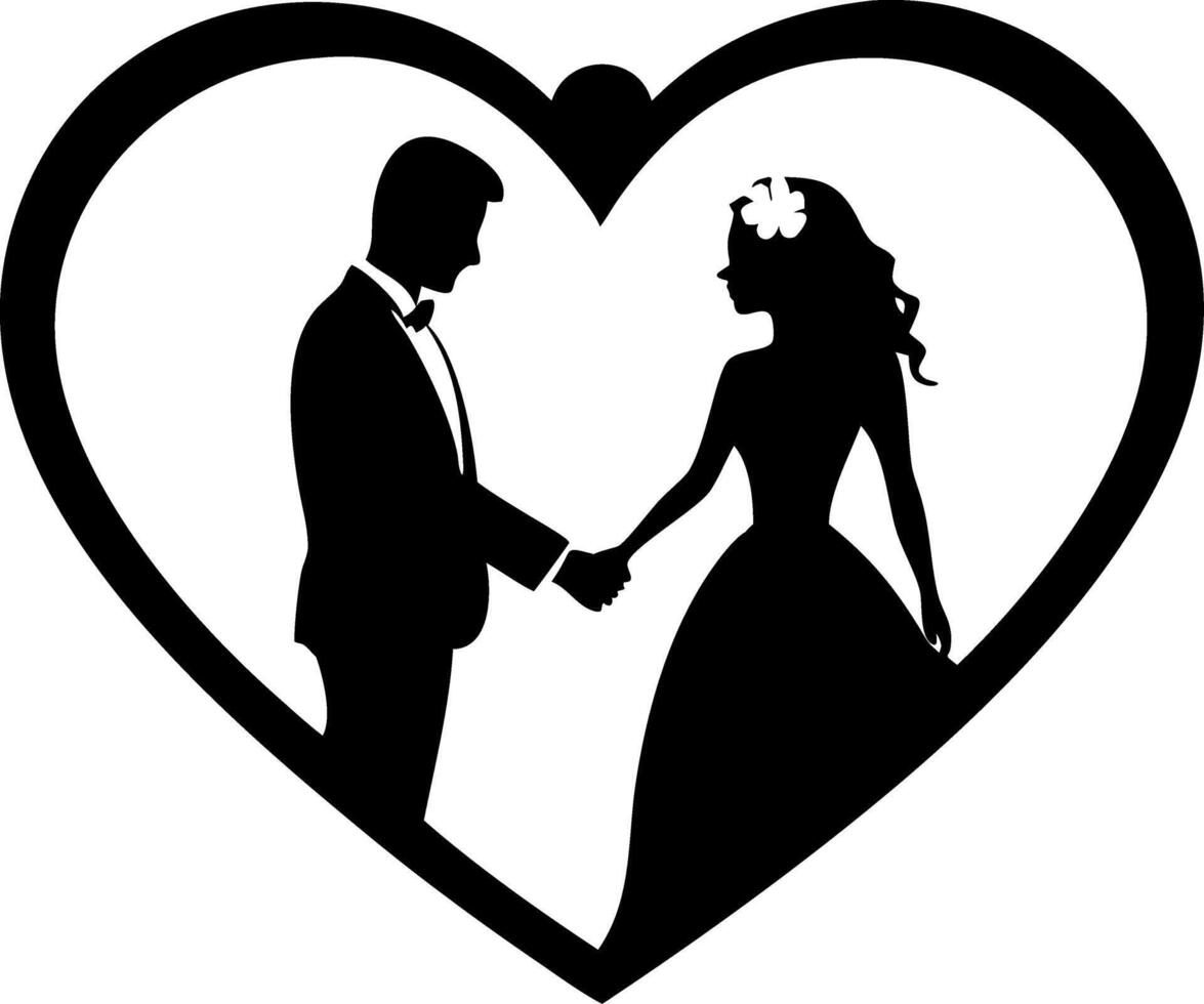 Elegant Wedding Couple Silhouette Embracing in Heart Frame Perfect for Invitations vector