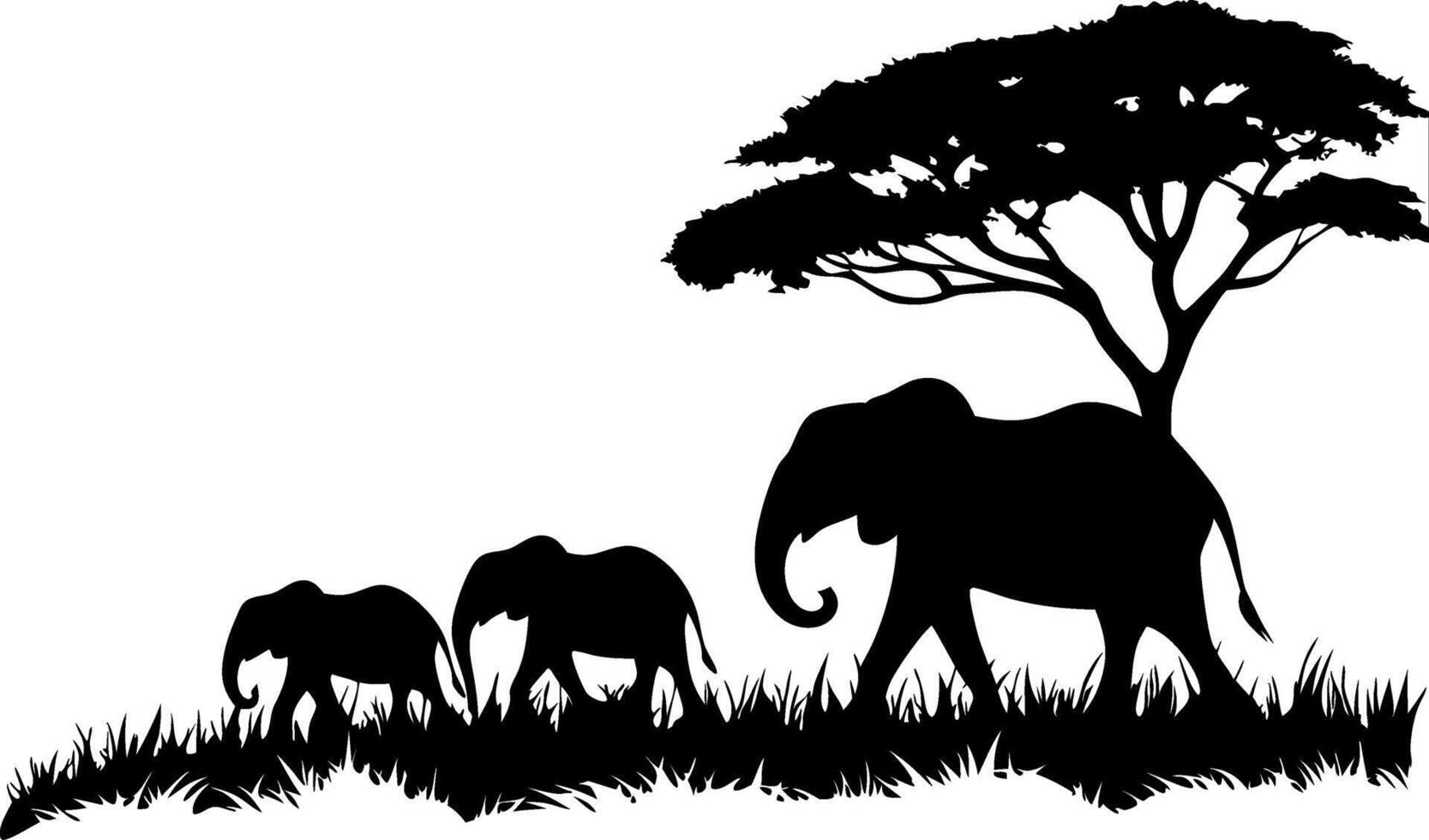 Elephant Family Silhouette Walking Under Acacia Tree in African Savannah vector