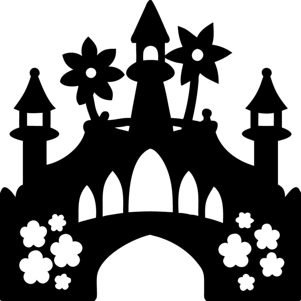 Enchanted Castle Silhouette with Flowers and Turrets for Creative Design vector