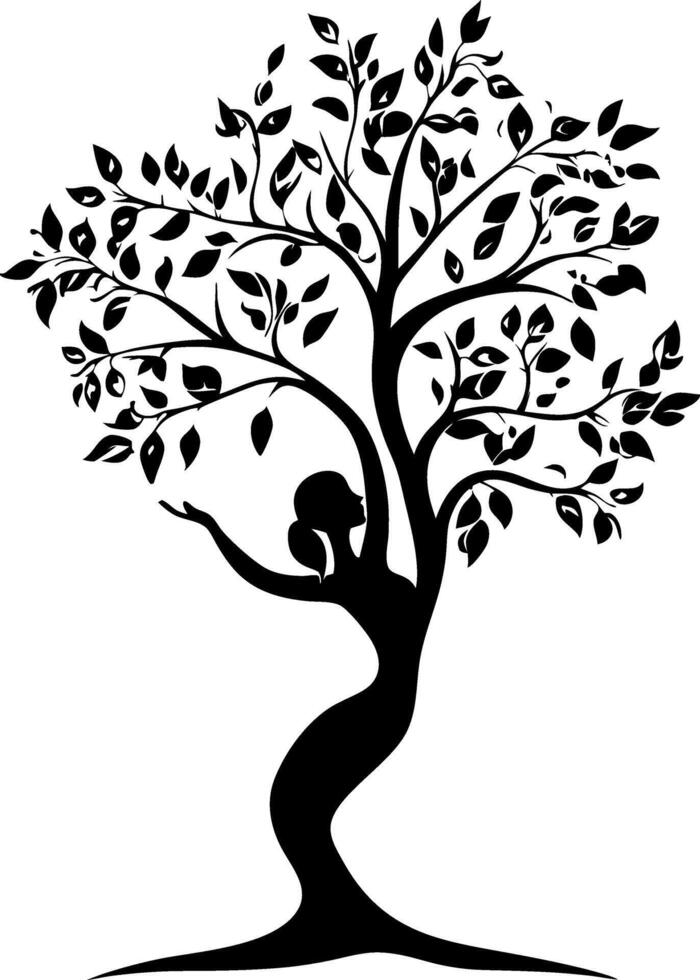 Elegant Woman Tree Silhouette Symbolizing Nature Growth and Harmony vector