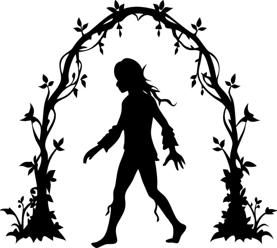 Enchanted Forest Silhouette Child Walking Through Floral Archway vector