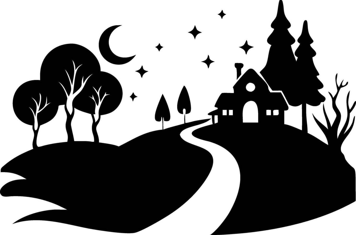 Enchanting Night Landscape Silhouette with House Trees and Crescent Moon Scene vector
