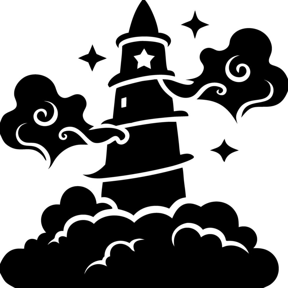 Enchanting Lighthouse Silhouette with Mystical Clouds and Stars Art vector