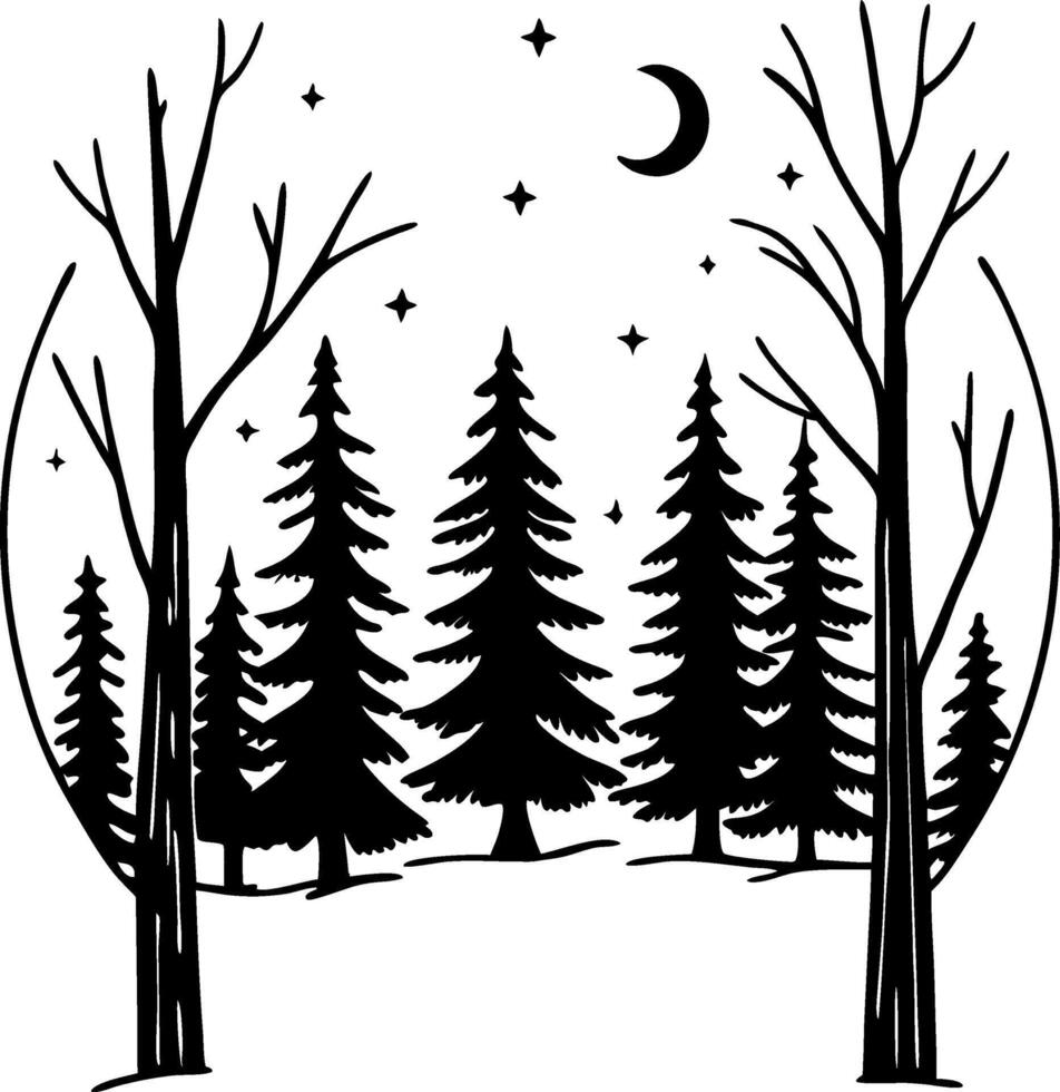 Enchanting Night Forest Silhouette with Crescent Moon and Stars Art vector