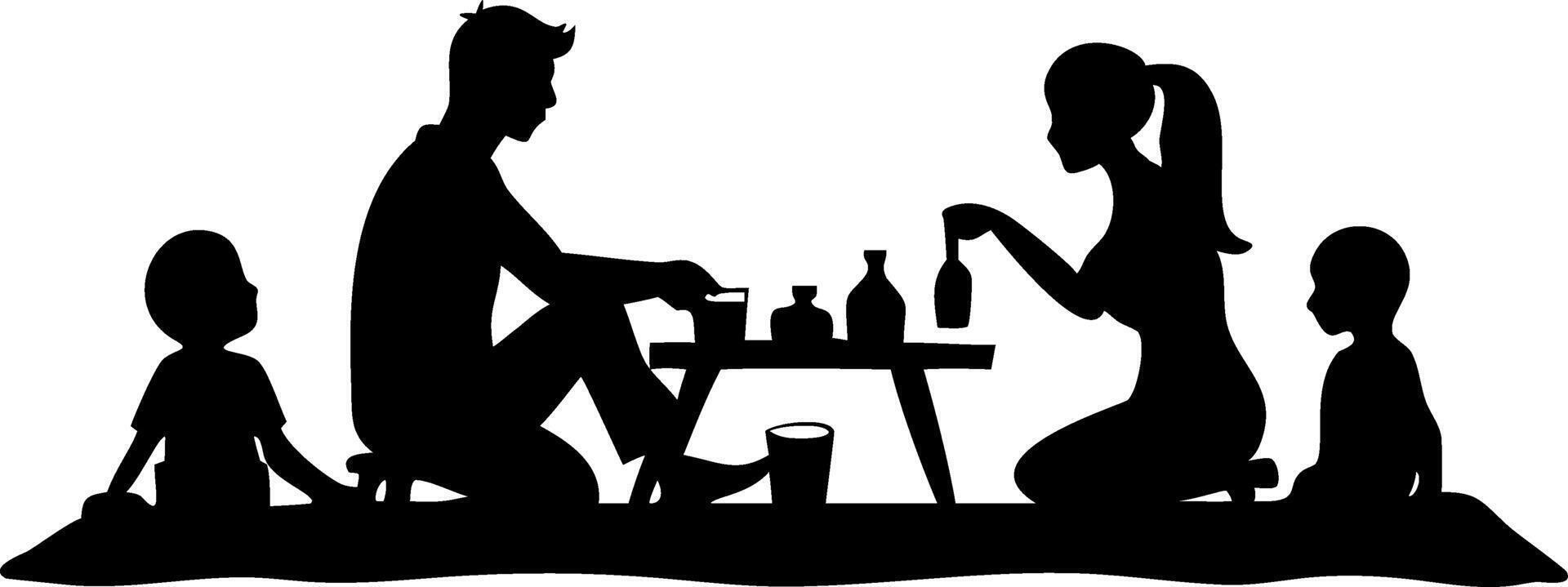 Family Picnic Silhouette Art Relaxation Outdoors Illustration vector