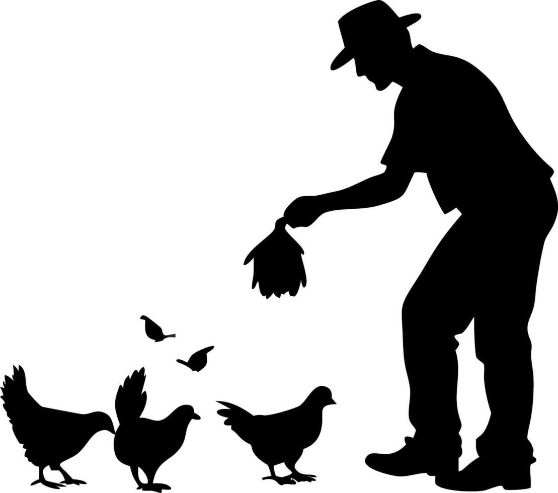 Farmer Feeding Chickens Silhouette for Agriculture and Farm Education vector