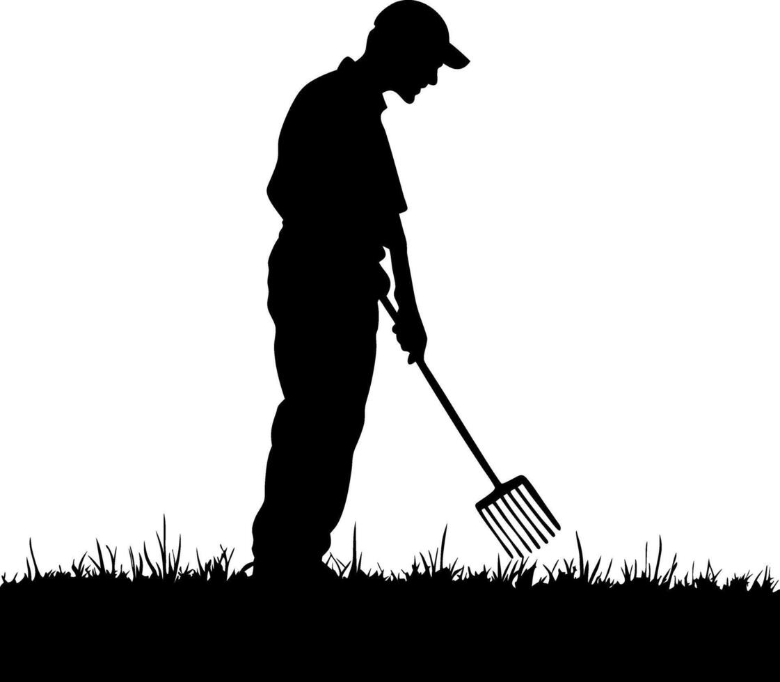 Farmer Silhouette with Pitchfork in Grass Illustration for Agriculture Designs vector